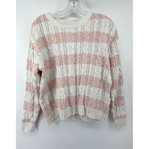 Liz Claiborne Lizgolf Pink Cream Striped Cable Knit Cotton Sweater Womens M